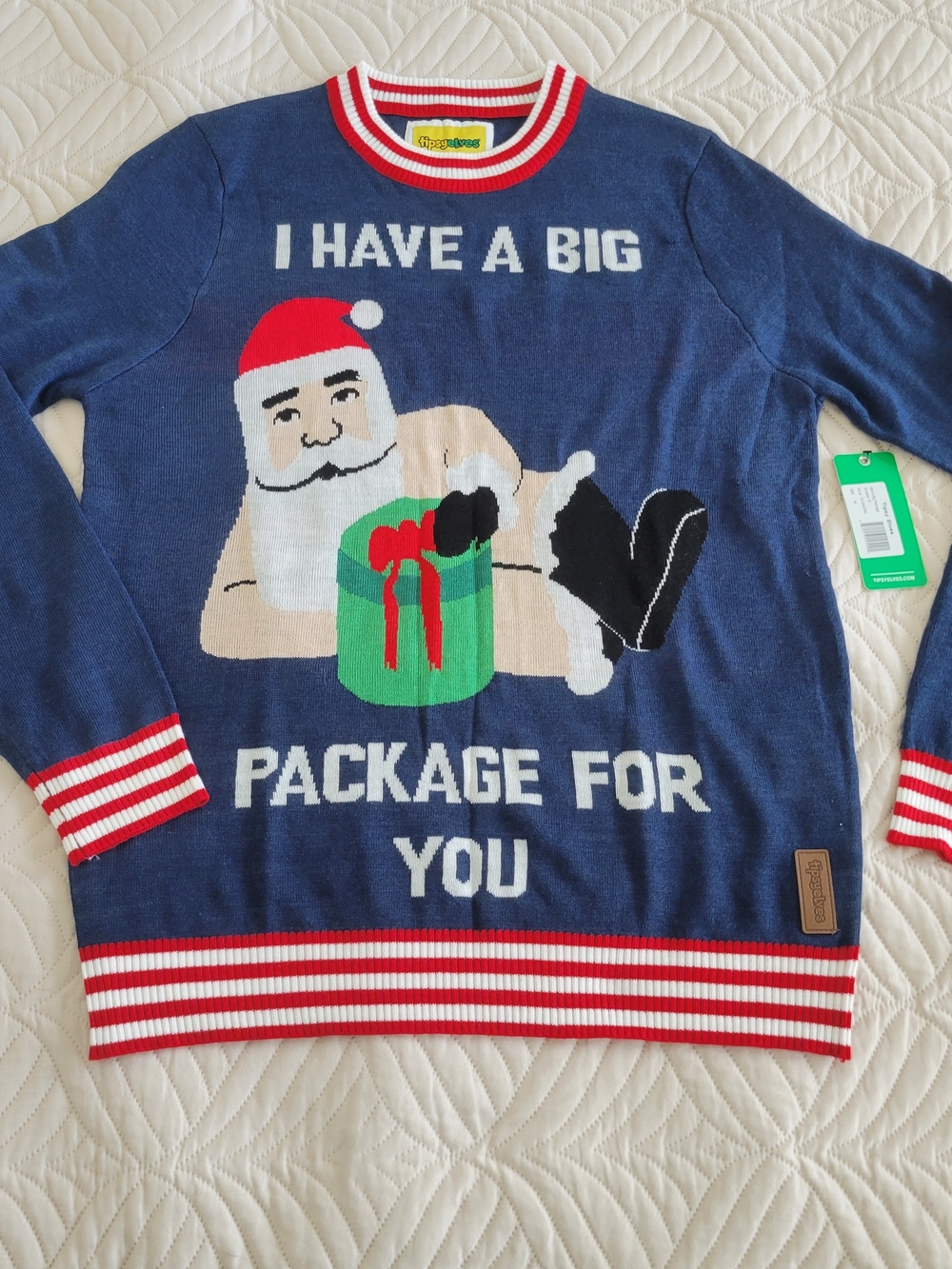 Tipsy Elves Navy Crewneck Sweater with Red, White & Green Accents